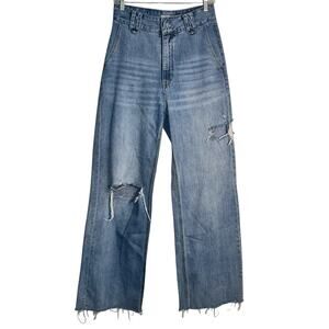 ZGY Denim High Rise Distressed Wide Leg Jeans Size 28 Raw Hem Straight Fit